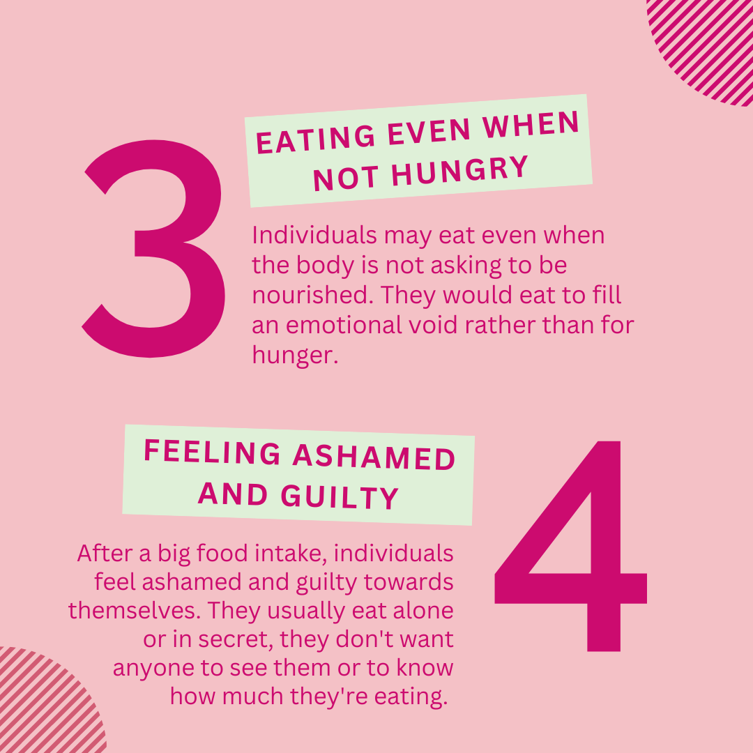 Eating when not hungry is a symptom of binge eating disorder